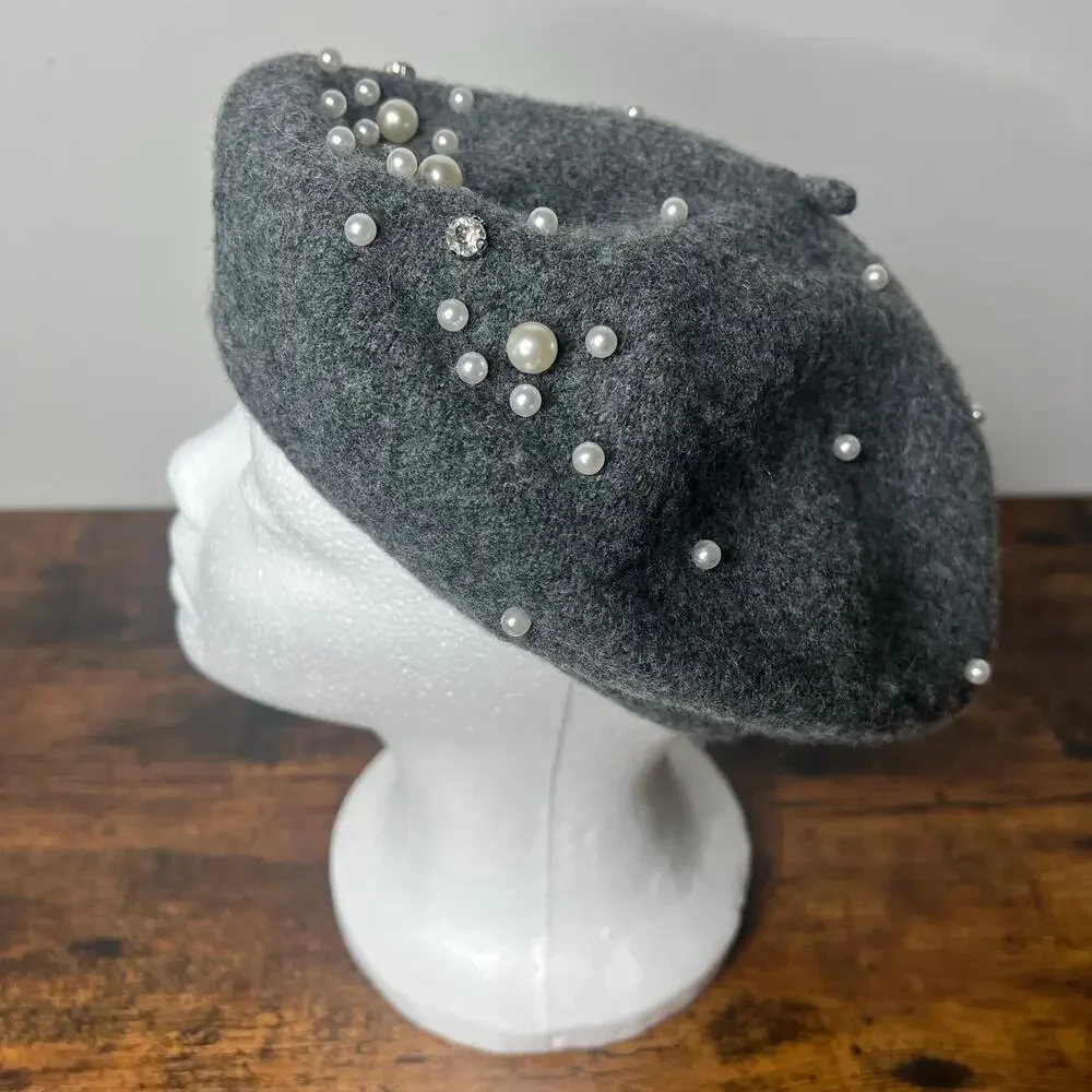Marcus Adler New York Women's Beret Wool Blend Gray Beaded Pearls & Rhinestones